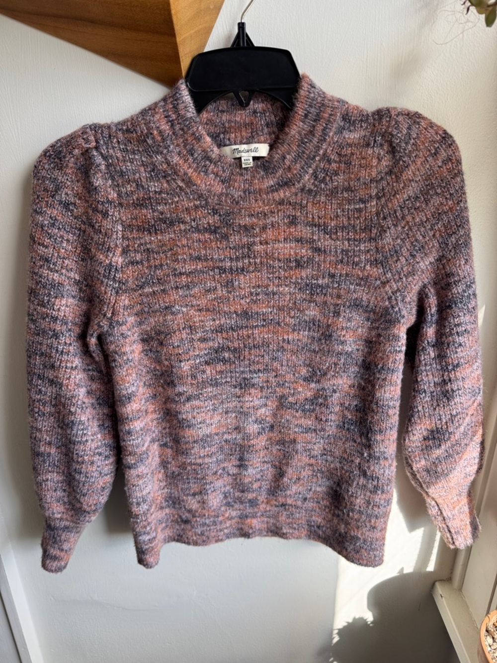 Madewell Pink and Gray Marled Puff-Shoulder Crewneck Sweater